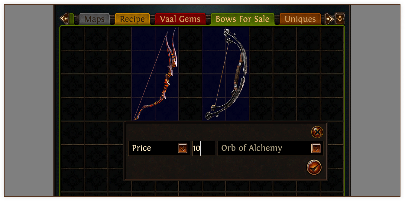 Premium stash tabs can be labelled and colour-coded for ease of use, and allow you to list items for sale. You can price each item individually or set a price that applies for every item in the tab.