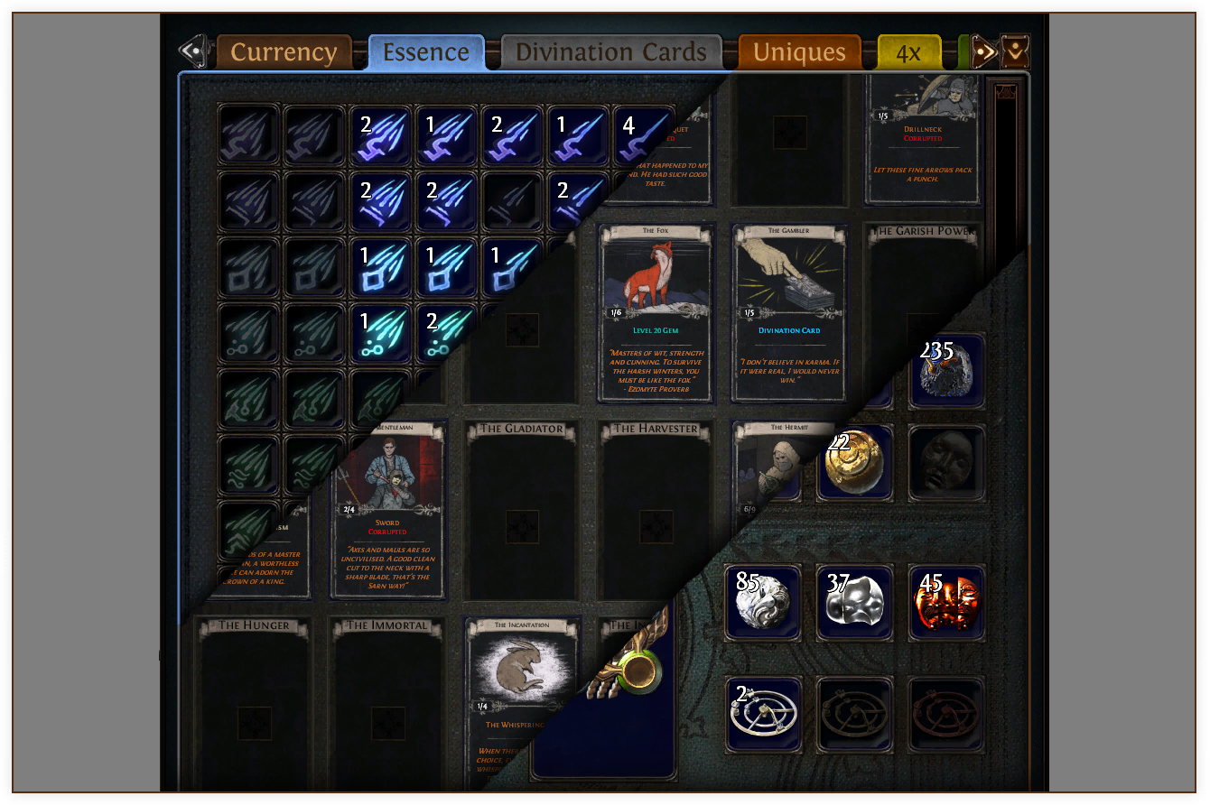 The specialised stash tabs, such as the Currency stash tab, can hold thousands of specific items, far exceeding the normal stack-size limits, and keep them neatly organized.