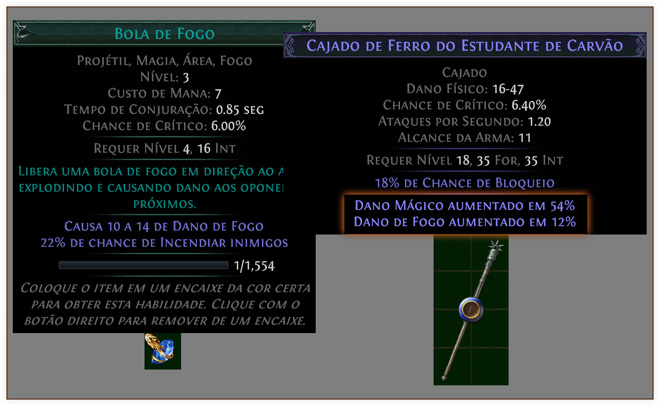Por causa das propriedades da Bola de Fogo, este cajado aumenta o dano da Bola de Fogo em 66%.